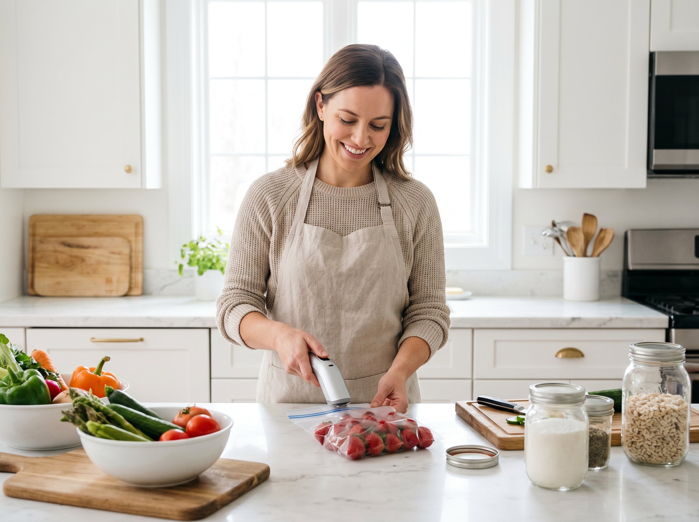 FreshLock in use - Woman sealing food in kitchen